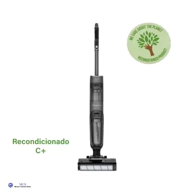 aspirador vertical cinzento e preto com selo verde e texto recondicionado
