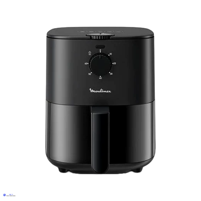 Fritadeira elétrica compacta preta da marca Moulinex com mostrador de temperatura circular