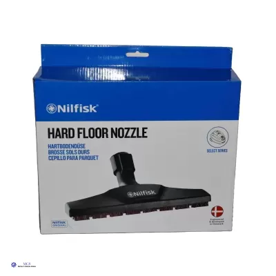 Embalagem do bocal para chão duro Nilfisk em azul e branco com imagem do produto preto
