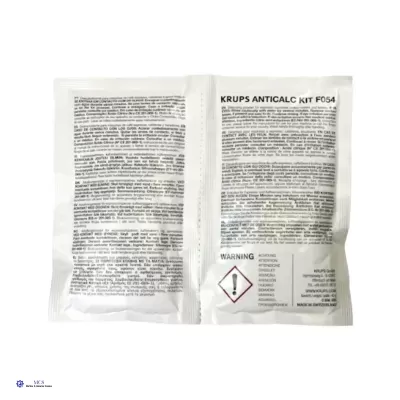 Pacote branco com texto KRUPS ANTICALC KIT F054, instruções e símbolo de aviso