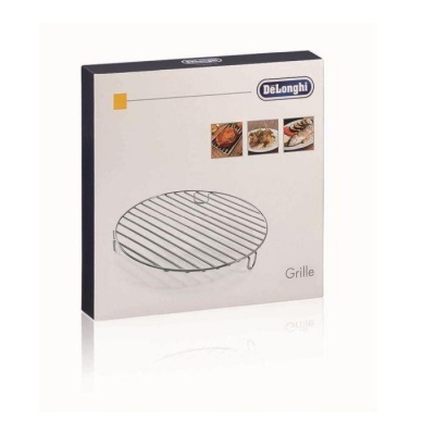 Embalagem de grelha redonda DeLonghi com texto e imagens de alimentos.