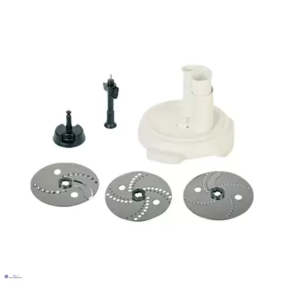 Conjunto de peças para processador de alimentos com três discos metálicos e componentes de plástico branco e preto.