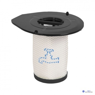 Filtro cilíndrico branco com topo e base pretos e desenho azul