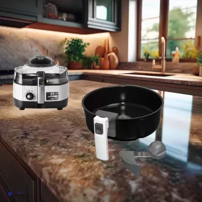 Panela preta com punho branco e fritadeira elétrica numa bancada de cozinha