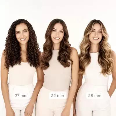 Três mulheres com cabelo ondulado e encaracolado com medidas 27 mm, 32 mm e 38 mm