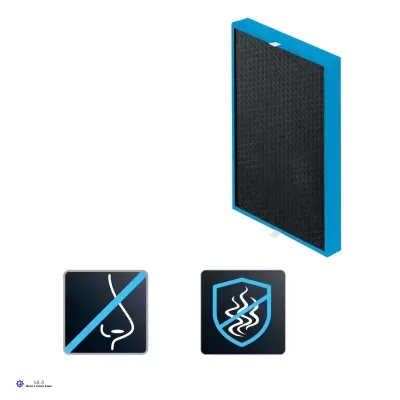 Filtro de ar azul com superfície preta e ícones de proteção