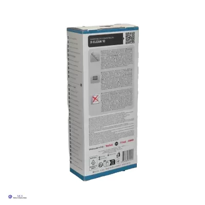 Embalagem retangular branca e azul com texto e códigos na parte de trás