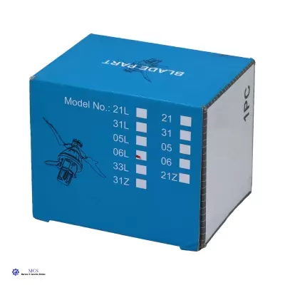 Caixa azul e branca com texto de modelo e ilustração técnica