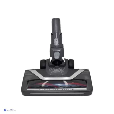 Cabeça de aspirador de pó cinza e preto com texto POWER LED VISIBLE