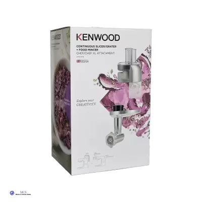 Embalagem branca de acessório Kenwood para processador com imagens e texto em inglês.