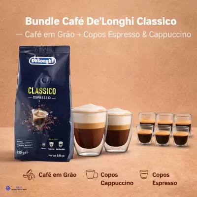 Pacote de café DeLonghi Classico com copos de cappuccino e espresso
