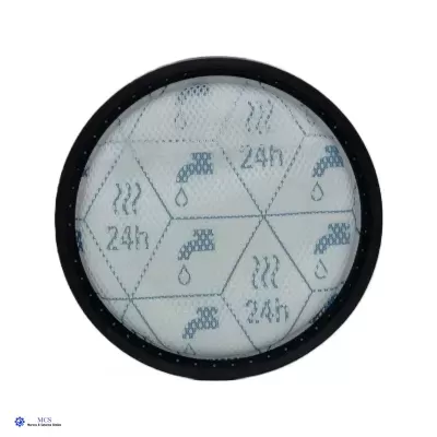 Filtro redondo com aro preto e padrões azuis de gotas, torneiras e texto 24h