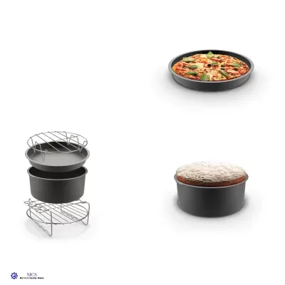 Formas metálicas pretas para bolo e pizza com grelhas e pizza