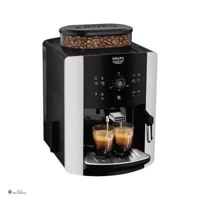 Máquina de café expresso KRUPS preta com depósito de grãos e dois copos de vidro