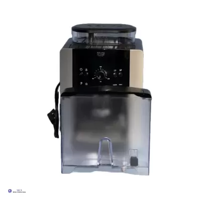 Máquina moedor de café preta e cinzenta com depósito translúcido