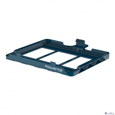 Suporte plástico azul para aspirador com texto Rowenta