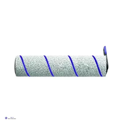 Rolo de pintura cinzento claro com riscas azuis diagonais