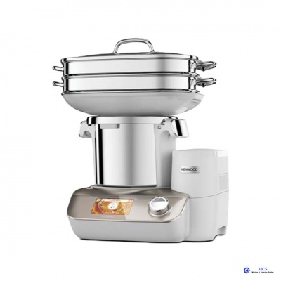 Processador de alimentos Kenwood prateado e branco com dois recipientes superiores e visor frontal