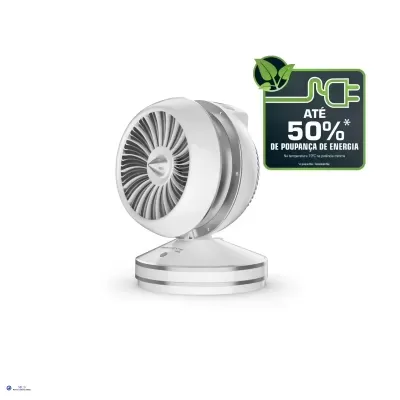 Ventoinha branca e cinza com etiqueta de poupança de energia