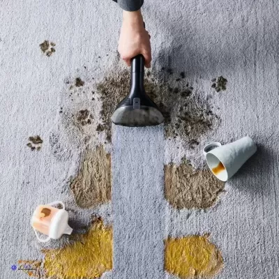 Pessoa a limpar tapete sujo com dispositivo de limpeza preto e duas chávenas caídas