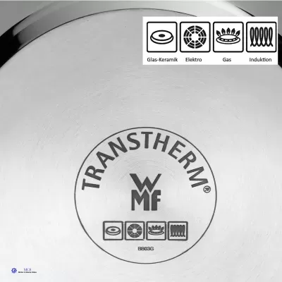 Fundo de recipiente de cozinha em aço inoxidável com inscrições e ícones de compatibilidade