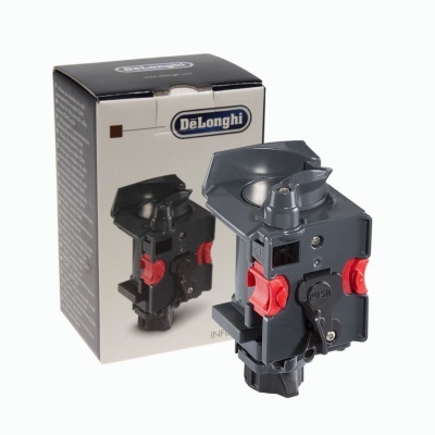 Peça plástica cinza escuro com botões vermelhos e embalagem DeLonghi