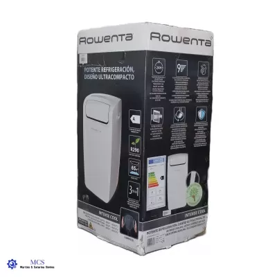 Caixa de ar condicionado portátil Rowenta preta e branca com texto em espanhol e imagens do produto