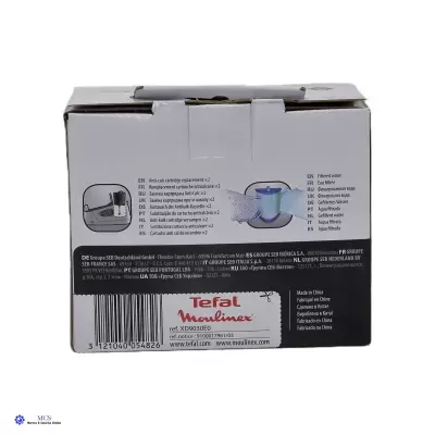 Embalagem branca com texto preto e logotipo Tefal Moulinex