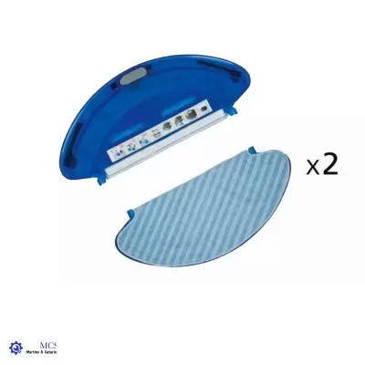 Duas peças azuis e brancas com ilustrações, texto x2, fundo branco