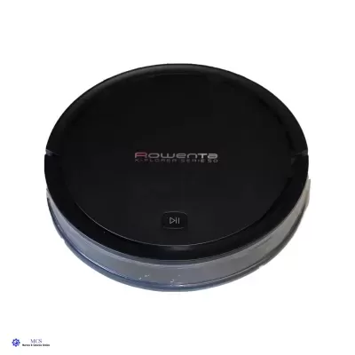 aspirador robô preto circular da marca Rowenta com botão central