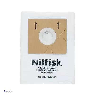 Saco de aspirador Nilfisk branco com etiqueta castanha e texto preto