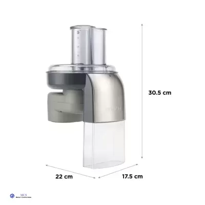 Processador de alimentos metálico com recipiente plástico transparente e medidas indicativas