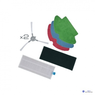 Conjunto de peças para aspirador robô com escovas laterais, panos de microfibra coloridos e filtros.