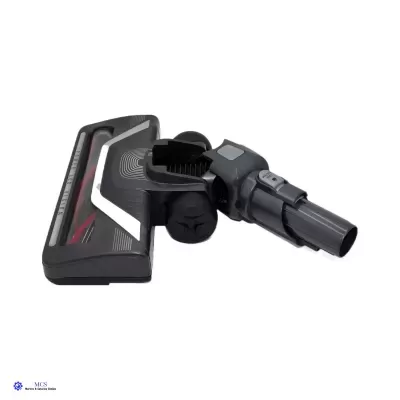 Escova de aspiração preta para chão com rodas e detalhes vermelhos e brancos