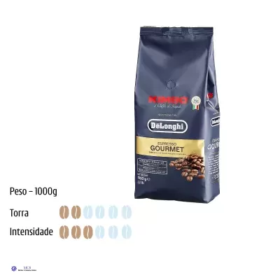 Pacote de café DeLonghi Espresso Gourmet azul e dourado com grãos de café