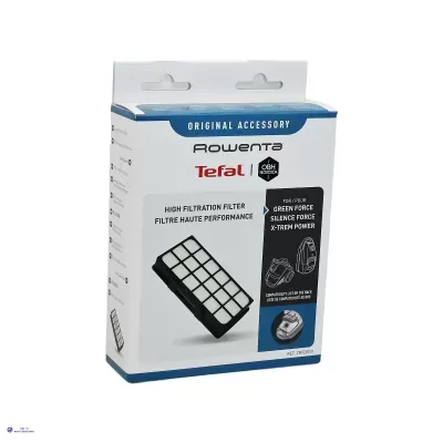 Embalagem branca e azul de filtro de aspirador Rowenta e Tefal