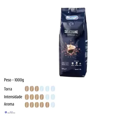 Embalagem azul escuro de café DaLonghi Selezione Espresso 1000g com chávena de café