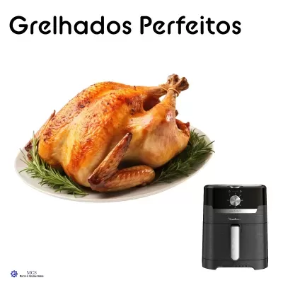 Frango assado dourado numa travessa branca com fritadeira elétrica preta ao lado e texto 'Grelhados Perfeitos'