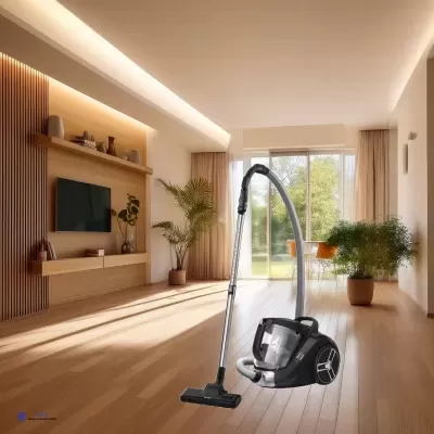 aspirador de pó preto com tubo metálico numa sala com piso de madeira e parede bege