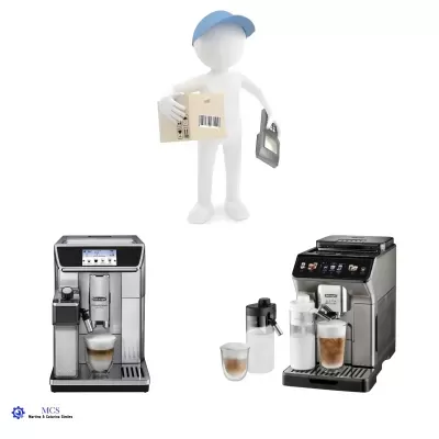 Figura com caixa de papelão e leitor de código sobre duas máquinas de café automáticas DeLonghi com copos e bombas de leite