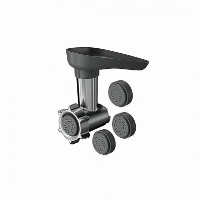 Moedor de carne com discos intercambiáveis pretos e corpo metálico