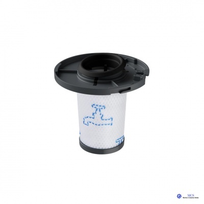 Filtro para máquina de lavar roupa com plástico preto e corpo filtrante branco com padrão azul