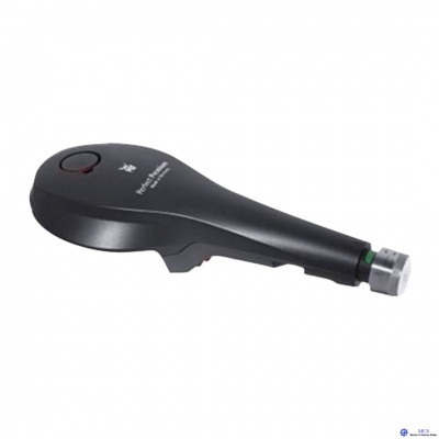 Pistola de massagem corporal electrónica preta com botão vermelho e texto branco