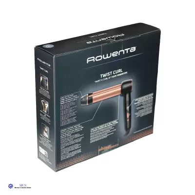 Embalagem preta com modelador de cabelo Rowenta Twist Curl em cobre e preto.