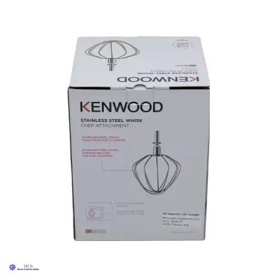 Embalagem branca de batedor Kenwood em aço inoxidável com texto em inglês