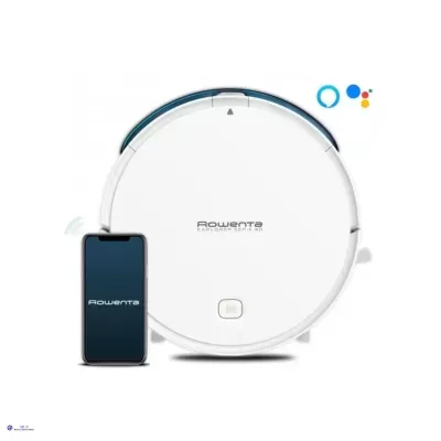 Robô aspirador branco Rowenta com smartphone preto ao lado