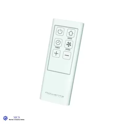 Comando remoto branco Rowenta com botões e texto preto