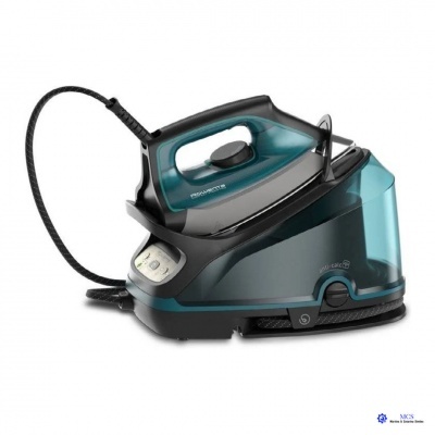 Centro de engomar Rowenta com base azul e ferro preto