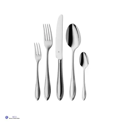 Conjunto de talheres metálicos brilhantes com cinco peças alinhadas em fundo branco