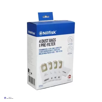 Caixa de sacos para pó Nilfisk com filtro prévio, embalagem azul e branca, texto em inglês